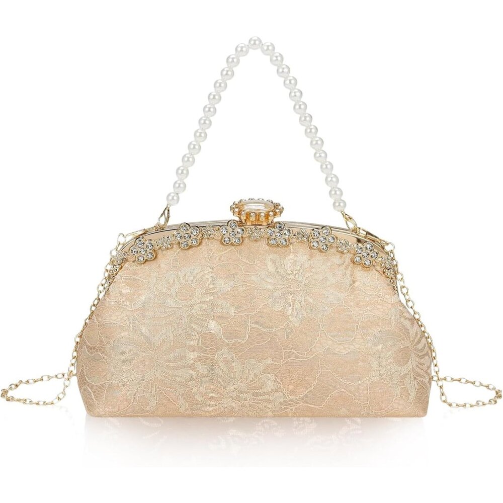 ⚡ Women's Gold Fabric Lace Pearl Chain Rhinestones Shoulder Clutch Bag